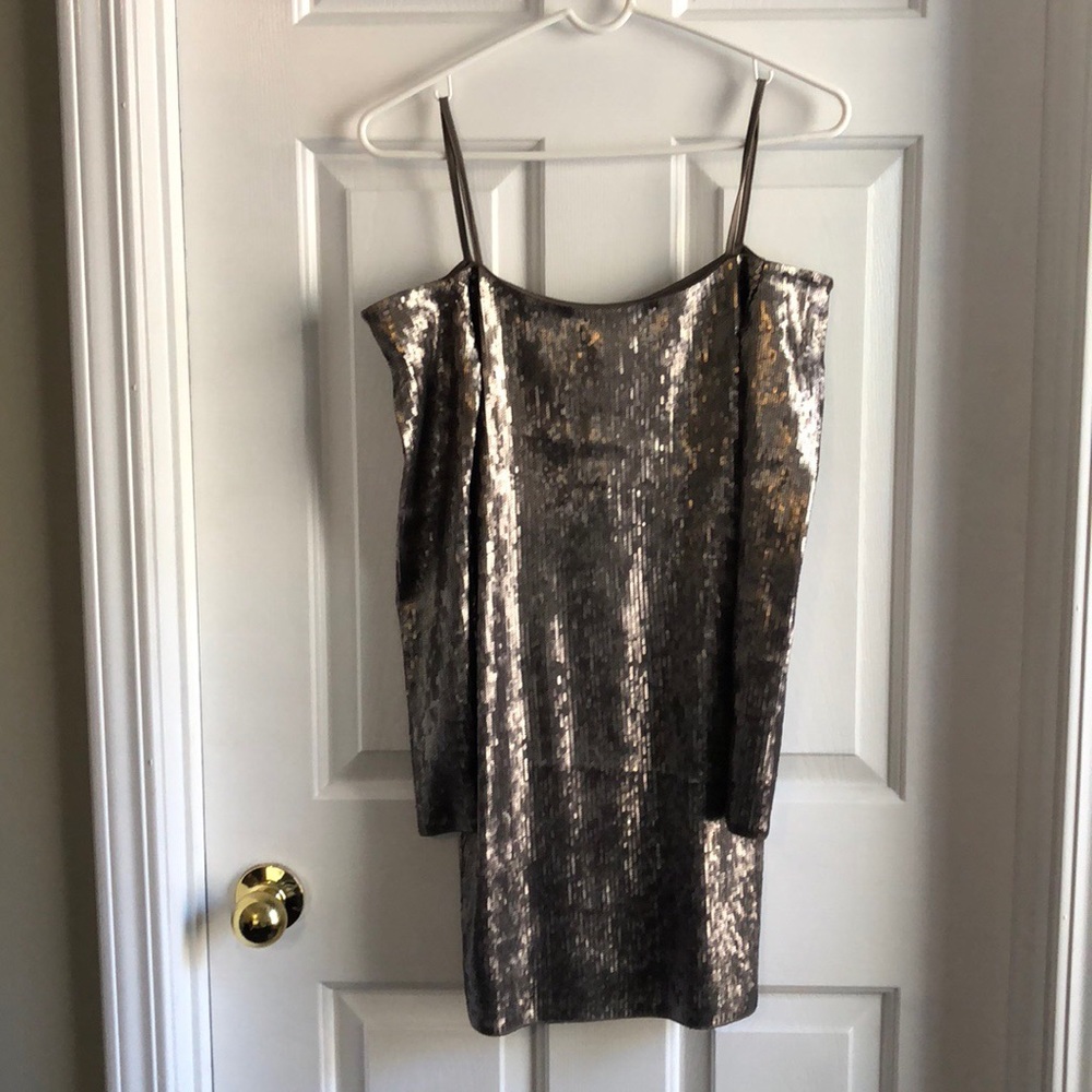 Champagne colored sequin mini dress from Express